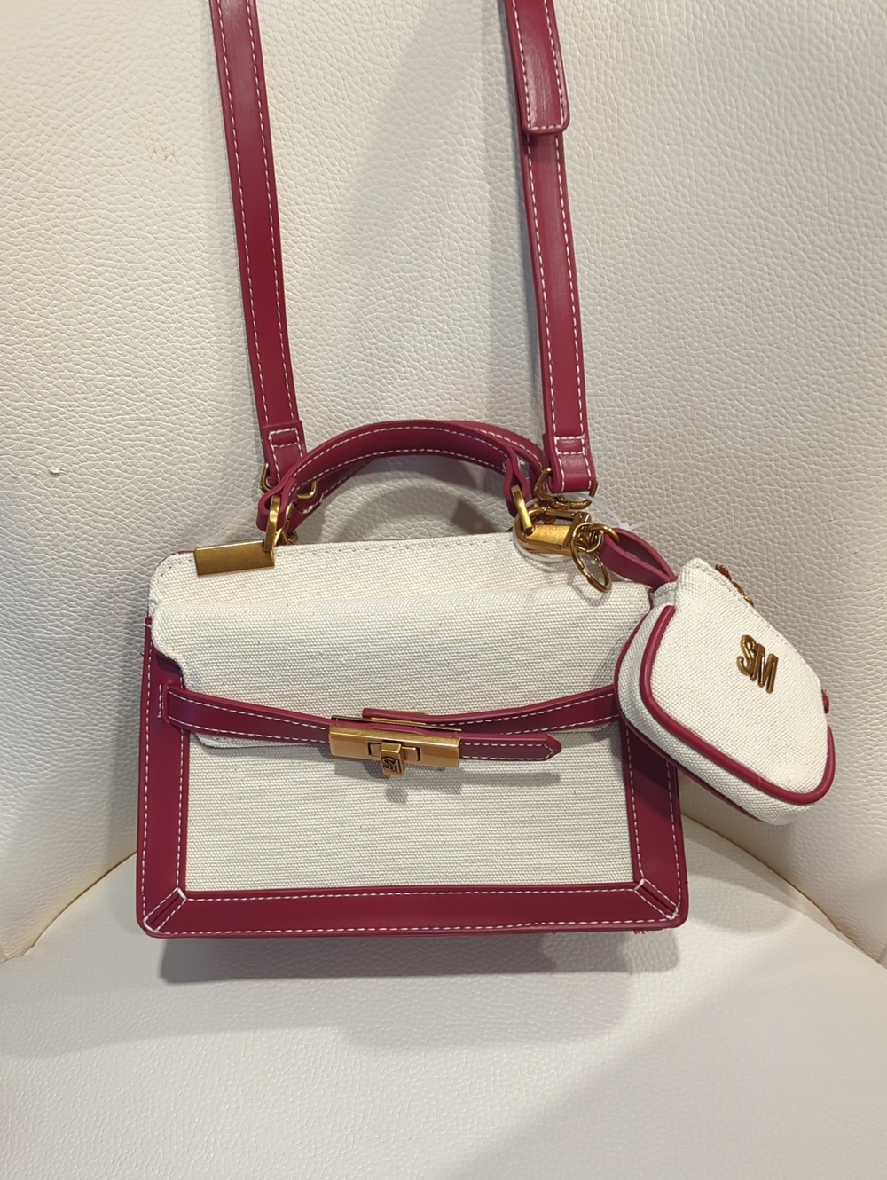 Steve Madden White and Fuchsia Top-Handle Satchel with Gold Hardware